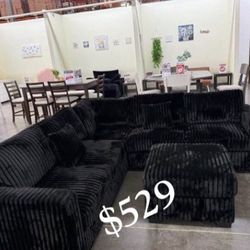 Beautiful‼️4-Pc Black Fur-Like Jumbo Corduroy Sectional Sofa With Ottoman ✅️No Tax ✅️