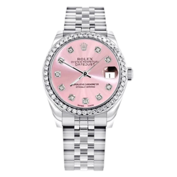 Ladies Rolex DateJust 31mm Midsize Stainless Steel Watch with Mother of Pearl Pink Diamond Dial and Diamond Bezel. (Pre-Owned 68274)