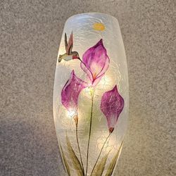 Hummingbird Lilies Candle Crackle Glass Home Decor -Electric- $35.00