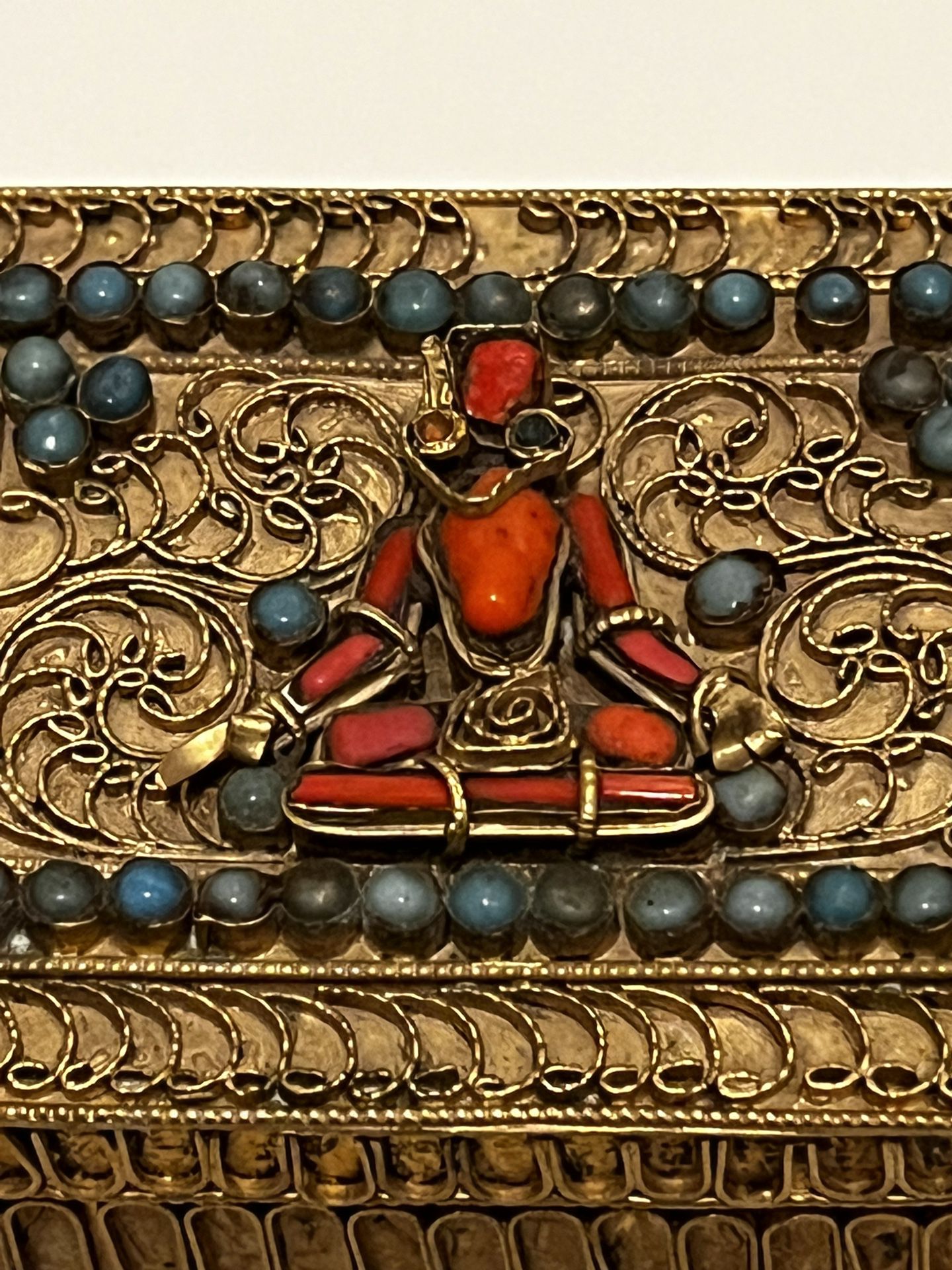 Antique Tibetan Gilded Box with Inlaid Ornate Turquoise & Coral Buddha on Lid 