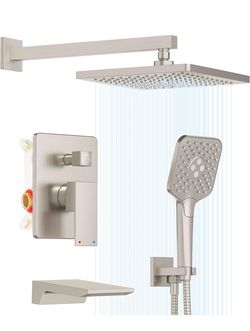 Gabrylly Shower System with Bathtub Spout, Wall-Mounted Shower Faucet Set for Bathroom with 10-Inch High-Pressure Rain Showerhead and 3-Inch Handheld 