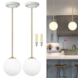 Bagood 6" Globe Pendant Light White And Gold Mid Century Pendant Light Globe Pendant Lights Kitchen Island with Milk Glass Lampshade