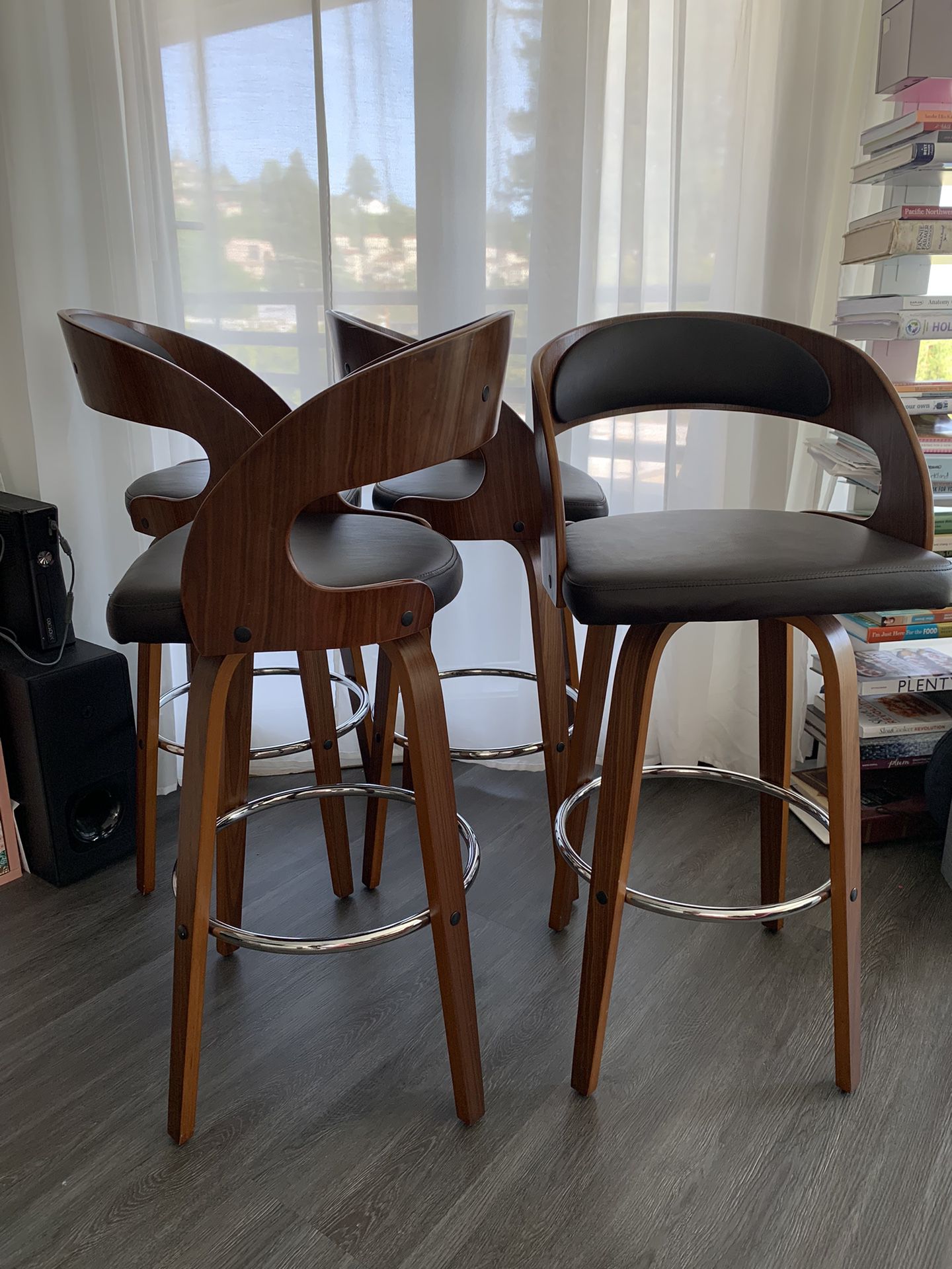 4 Swivel Bar Stools - Brown Faux Leather and Walnut 