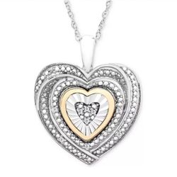 DIAMOND ACCENT HEART NECKLACE TWO-TONE STERLING SILVER & 10K YELLOW GOLD PENDANT 18" CHAIN