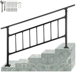 NEW VEVOR Iron Handrail Stair Railing Hand Rail Kit 5-6 Steps Outdoor Black w/ Bars
