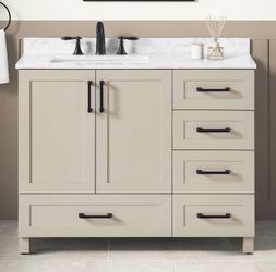Tobana 42 in. Single Sink Freestanding Beige Bath Vanity with White Engineered Marble Top