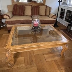 Carved Wood Coffee Table With Beveled Glass Top Insert