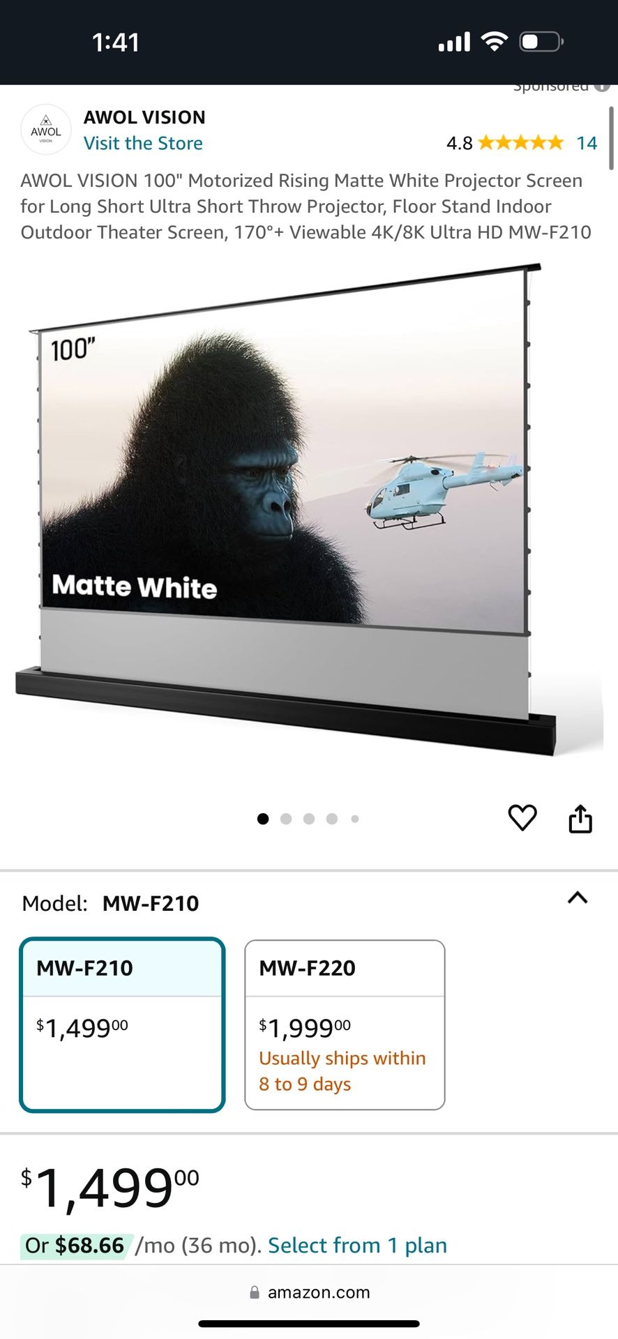100” Self Rising AWOL Projection Screen With Remote