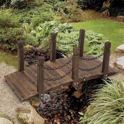 Brand New 5ft Wooden Garden Bridge Arc Stained Finish Walkway with Chain Railings, Stained Wood - Brown - Wood