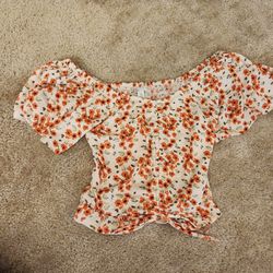 Womens Orange And White Floral Shirt SIZE XS PAM