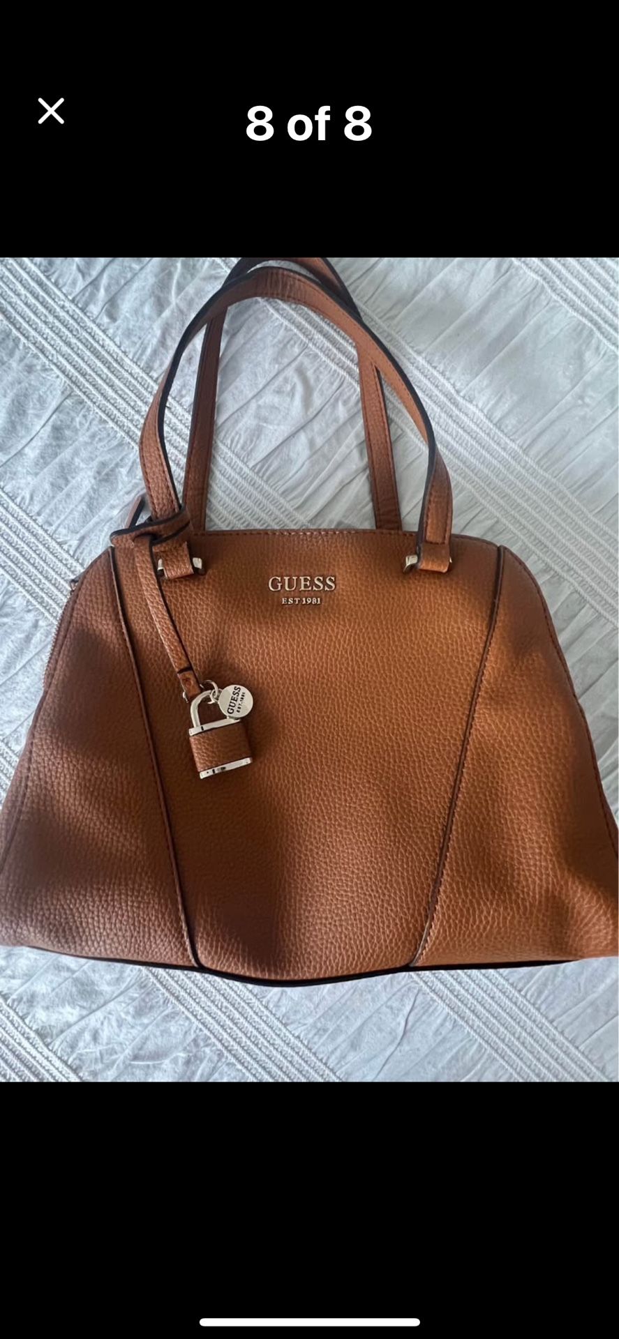 Guess Tan color Shawna cali faux leather satchel purse/ hand carry, multi pockets.