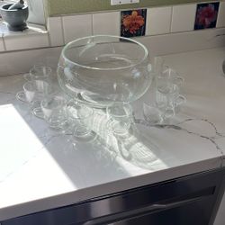 Crystal Punch Bowl With 12 Crystal Cups