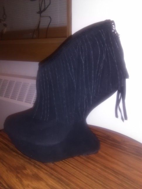 New! Black Lady Gaga Shoes / Monster Ankle Boots. High Heeled! Black Suede w/ Tassels. One of a Kind! 