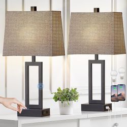 Touch Control Table Lamps Set of 2, Modern Bedside Lamps with USB A+C Ports