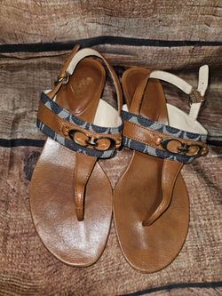 Coach Signature Logo Low Wedge Women's Sandals size 9 Goldstone Navy Logo