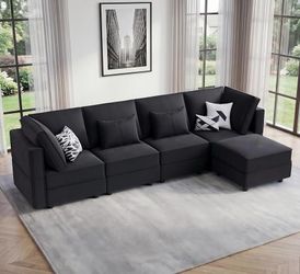 118" 5 Seats L Shaped Modular Sectional Couch with Storage, Black FSC-certified hardwood frame, Pet-friendly velvet upholstery, Adjustable backrests a