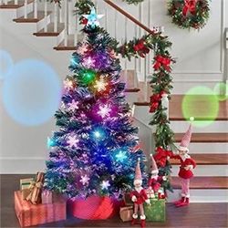 Juegoal 5 ft Pre-Lit Artificial Christmas Tree, Lighted Optical Fiber Xmas Trees with RGB Color Changing LED Lights, Snowflakes & Top Star, Festive Pa
