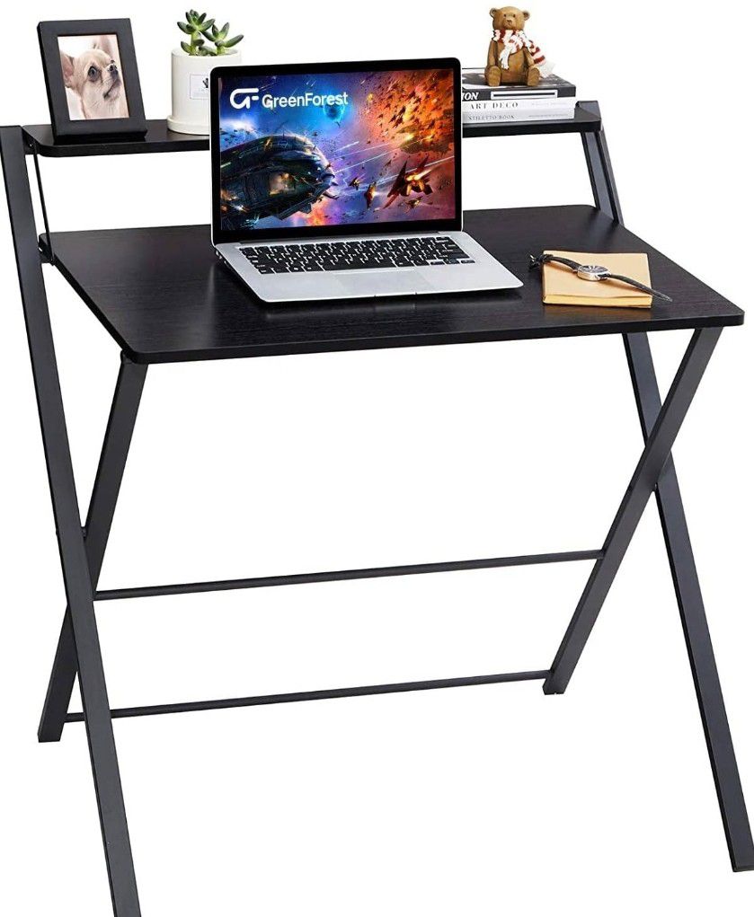 GreenForest Small Folding Desk No Assembly Required, Fully Unfold 27.3 x 22 inch 2-Tier Computer Desk with Shelf Space Saving Foldable Table for Small