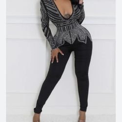 Shining Bright Rhinestone Black Bodysuit black & silver beaded top with a peplum hem and long sleeves size medium strechy new 