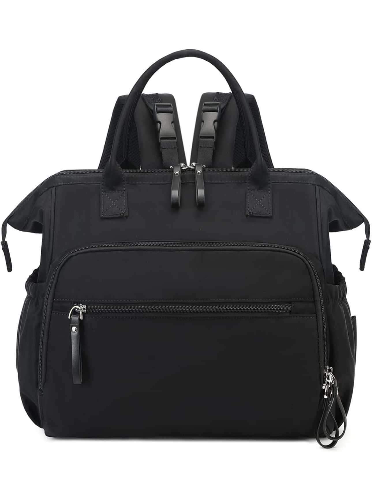 Convertible Diaper Bag Tote, Wide Open Top 14 Pockets Nappy Backpack with Stroller Buckle, Water-resistant (Black)