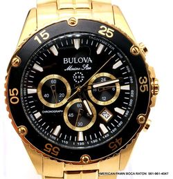 Bulova Men's 41mm Marine Star Gold Tone Stainless Steel Black Chronograph Dial Bracelet Watch - 98B406 Like new 