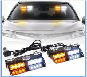 2 in 1 Em Dash Strobe Lights Interior Windshield Lights Amber White Warning Hazard Safety Flashing w/Suction Cups for Construction Vehicles, Trucks Ca