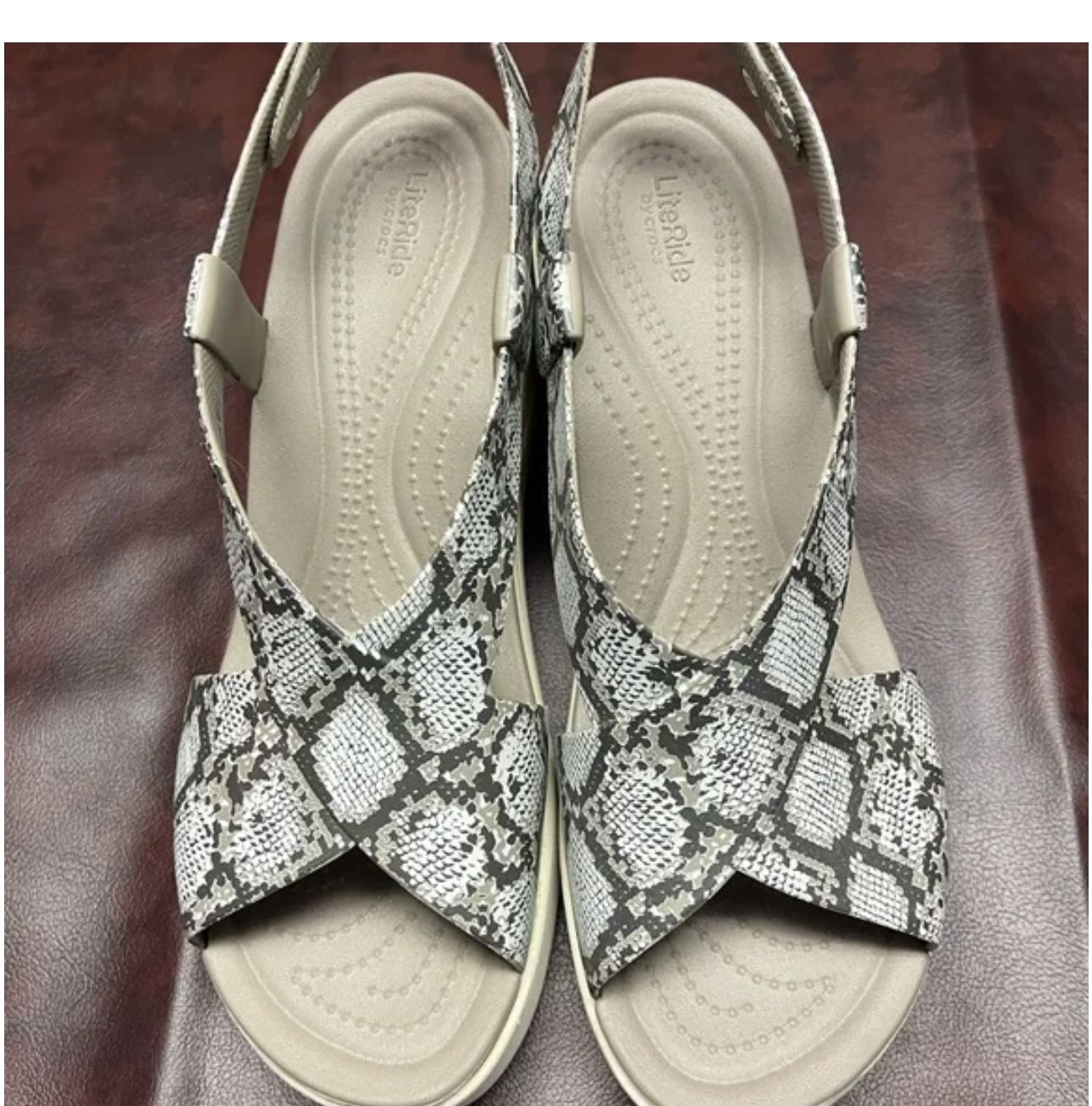 Crocs Brooklyn high wedge sandals, brown snake print, size 7W