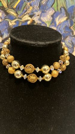 Vintage, Double Strand Gold Bead Crystal Necklace