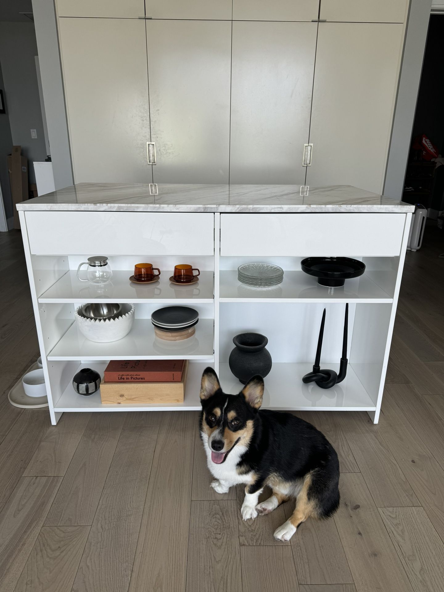 CB2 White Marble Kitchen Island - Like New
