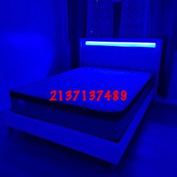 Queen Bed Platform Bed W/ Charging Station & Built-In LED Lights/mattress Included. 💢 Cama Queen Size Con Luz Led  / Colchon Incluido / Color Blanca