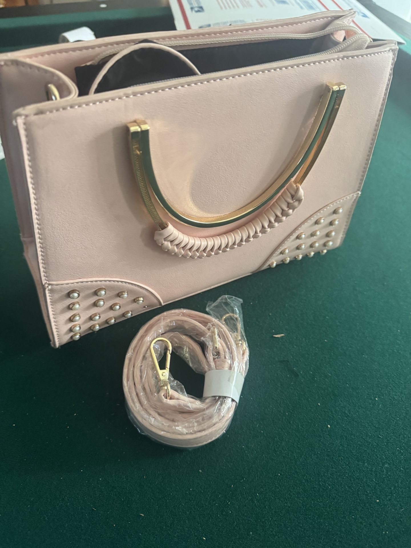 Blush Pink Studded Structured Handbag with Gold Handle & Crossbody Strap