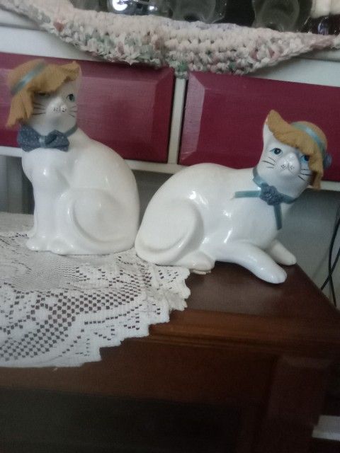 Two unique vintage White Ceramic Cats