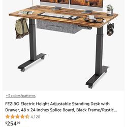 FEZIBO Height Adjustable Electric Standing Desk with Double Drawer, 48 x 24 Inch Stand Up Table with Storage Shelf, Sit Stand Desk with Splice Board, 