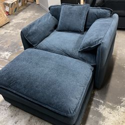 57.5 in. Midnight Blue Chenille Oversized Accent Chair in Deep Seat, Cushioned Arms with Pillow and Modular Ottoman $199  Warehouse Address:  2745 Boo