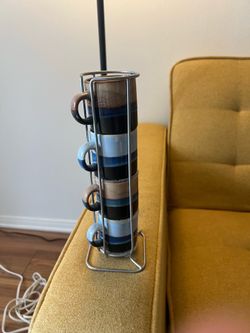 Set of 4 Retro Ceramic Stacking Mugs with Metal Rack