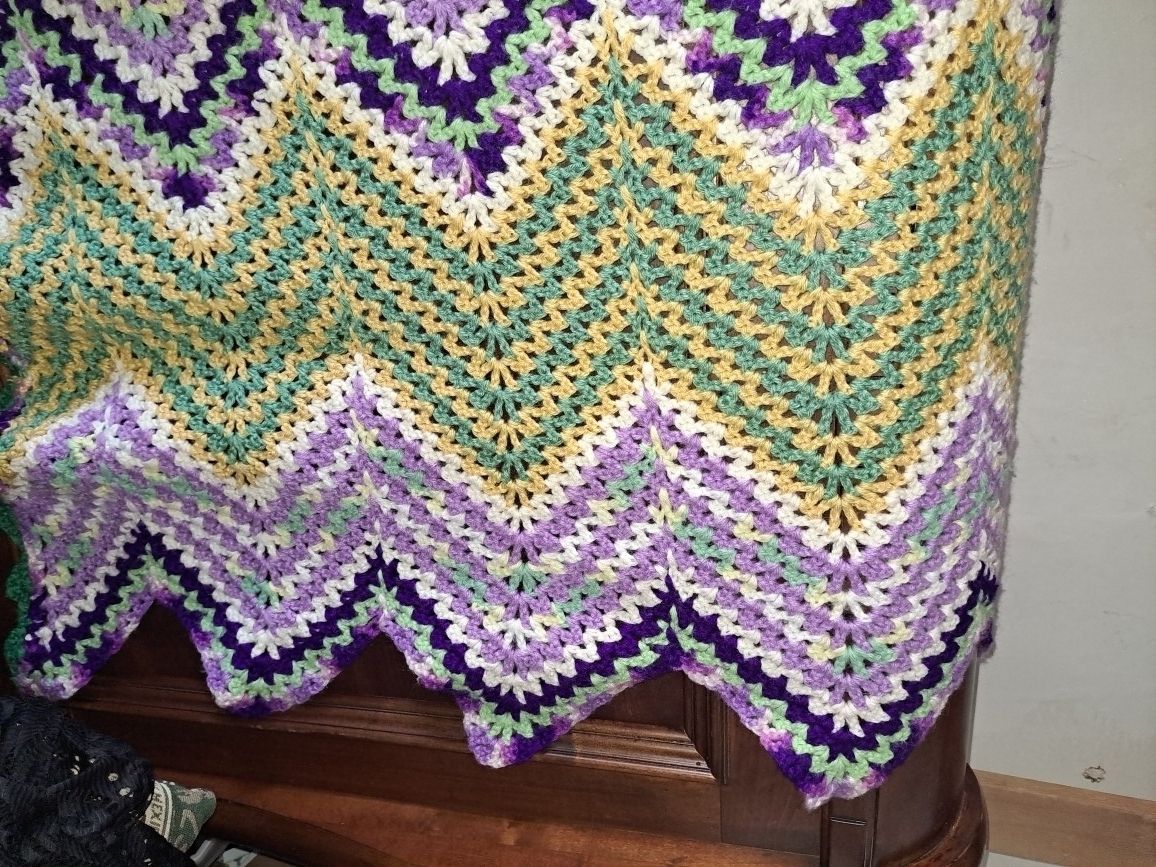 Purple Yellow Green White Vintage Crochet Afghan Blanket