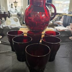 Anchor hocking, Royal Ruby, pitcher and six anchor hockey glasses