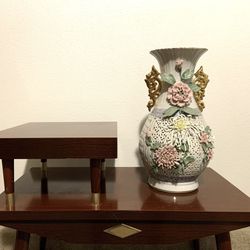 HUGE 16” Flower Vase With Gold Handles And Applied Flowers, Capodimonte Style 