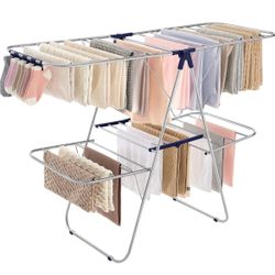 SONGMICS 2-Level Clothes Airer Foldable Clothes Drying Rack with Adjustable Wings - Silver / Blue