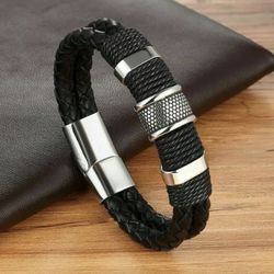 Black Braided Leather Silver Stainless Steel Cuban Chain Men's Bracelet Bangle 