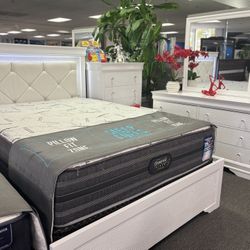 White 5pc Bedroom Set W/ Diamond Stitch & LED Lights For Sale ( Furniture Assembly) FREE MATTRESS!