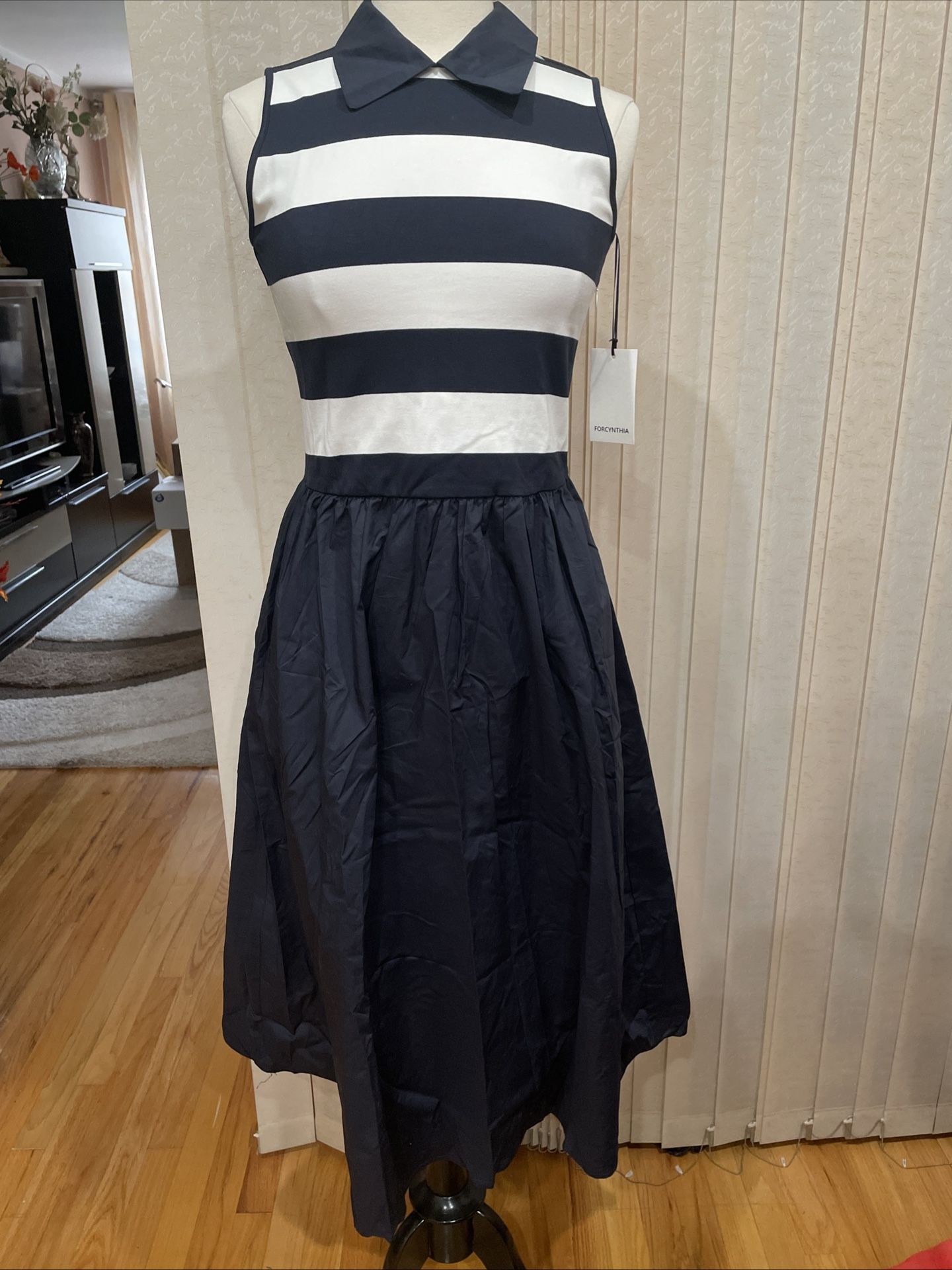 NWT Mixed Media, Navy Striped Ribbed Knit Bodice With Cotton Skirt. MIDI Size M.