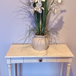 Elegant Faux Orchid Floral Arrangement in Crackle Glaze Vase