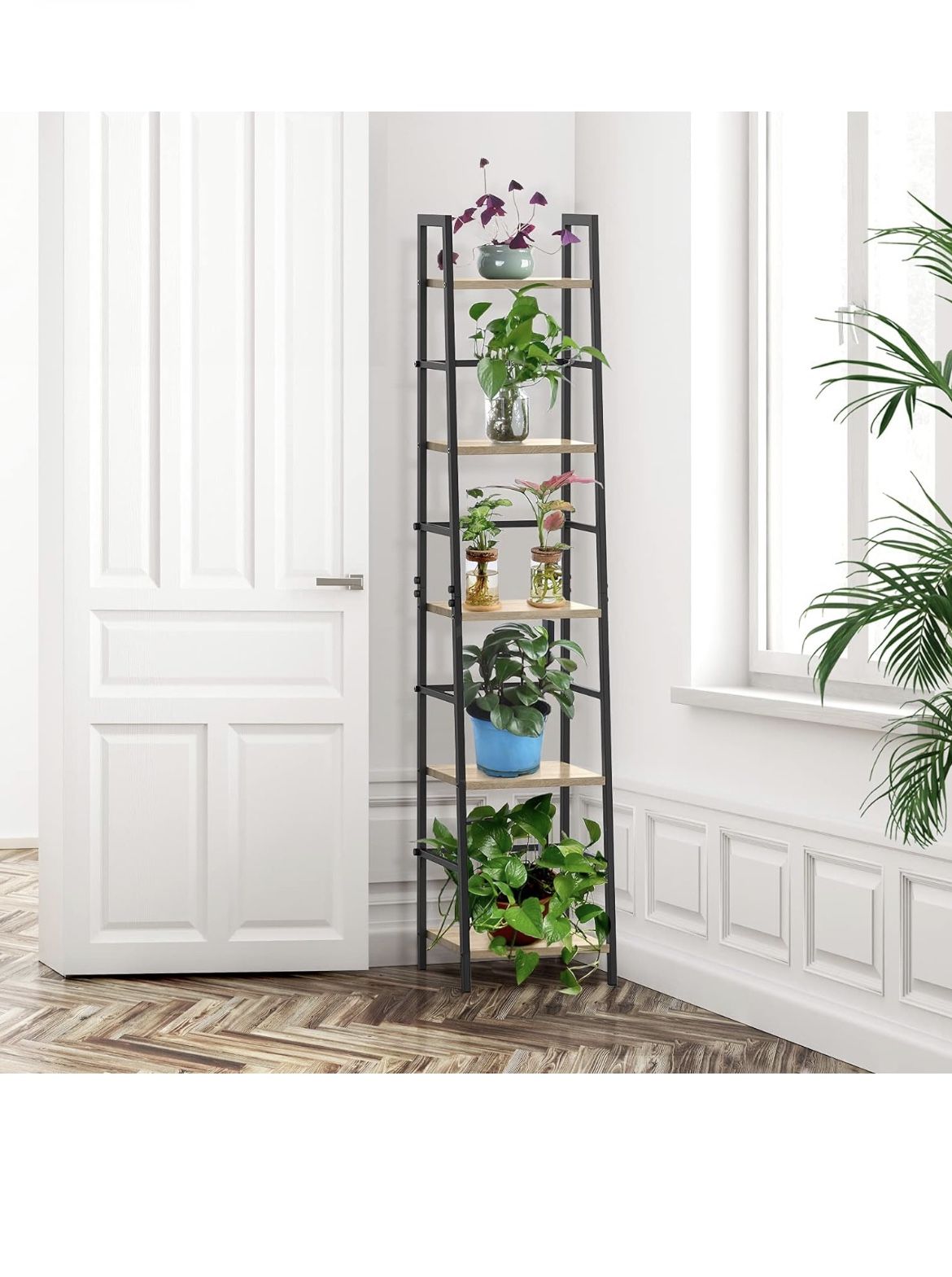 SpringSun 5-Tier Ladder Shelf Bookcase, Living Room Rustic Standing Shelf Storage Organizer, Wood and Metal Shelf for Home and Office