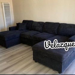 ✅️✅️4 pc  Black corduroy fabric sectional sofa with double chaise✅️✅️✅️