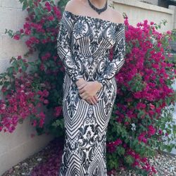 Black and beige sequin prom dress