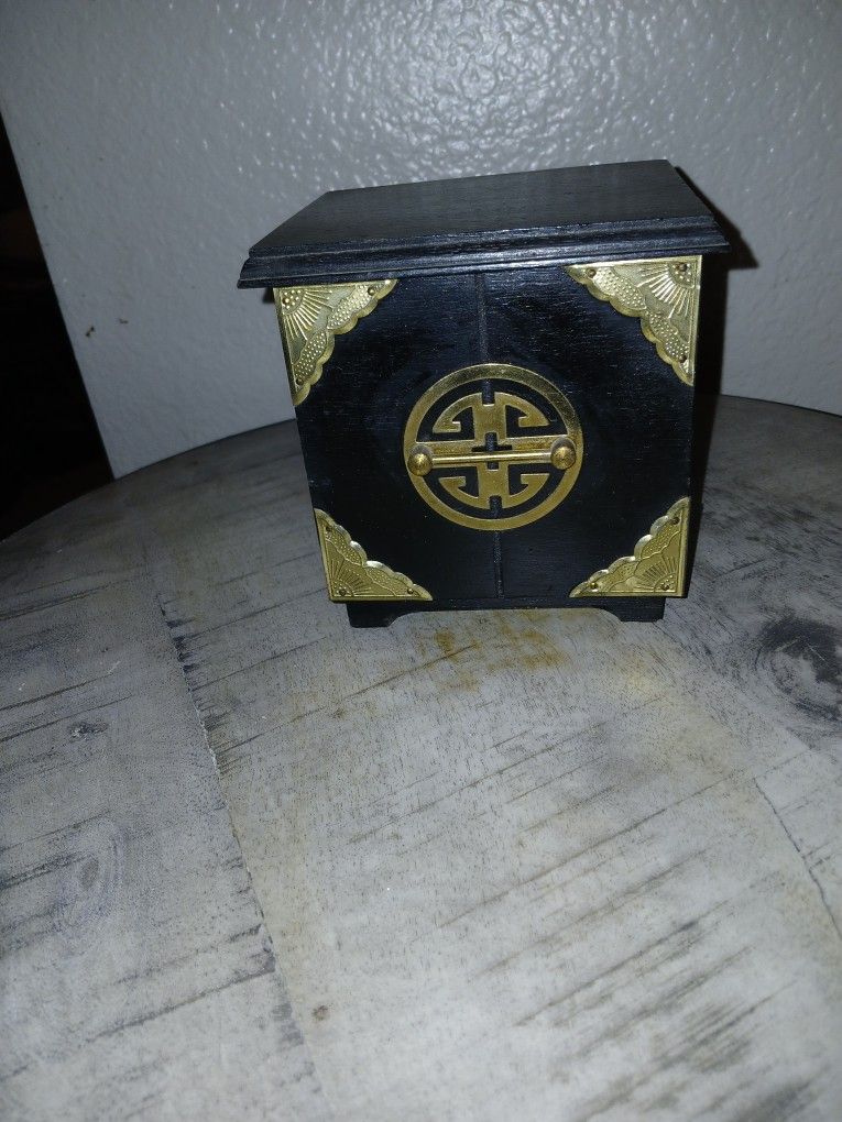 Asian Style Wooden Trinket Box With Brass Decoration 