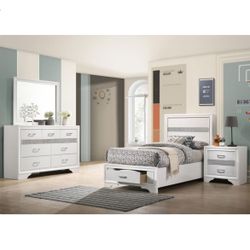 4 Piece Twin Bed Set White With Silvery Sparkling Accents Includes Twin Bed Frame Dresser Nightstand & Mirror Brand New Firm Price $820