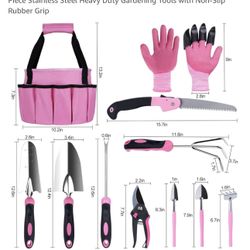 Pink Garden Tool Set, Gardening Gifts for Women, 11 Piece Stainless Steel Heavy Duty Gardening Tools with Non-Slip Rubber Grip
