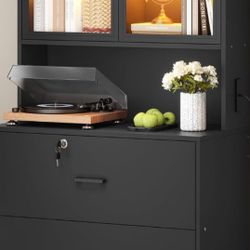 Modern Office-ready Bookcase w/ File Drawers, Built-in Power + USB Ports, & LED Lighting